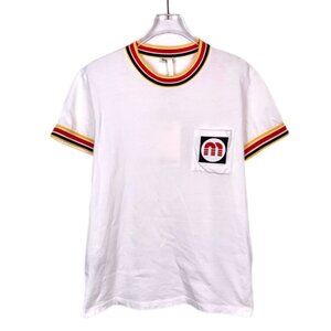 Miu Miu White Cotton Short Sleeve T-Shirt With Striped Trim & Pocket Logo M